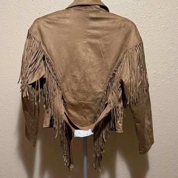 Western Tan fringe cropped moto zip jacket faux suede with belt women’s MEDIUM - Picture 9 of 15